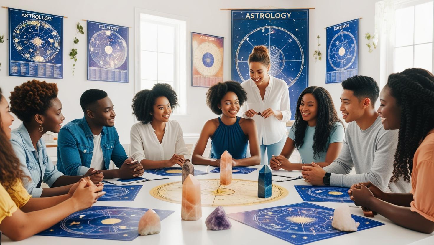 9 adults sitting around a table in a white room with crystals and astrology graphs on the table before them.